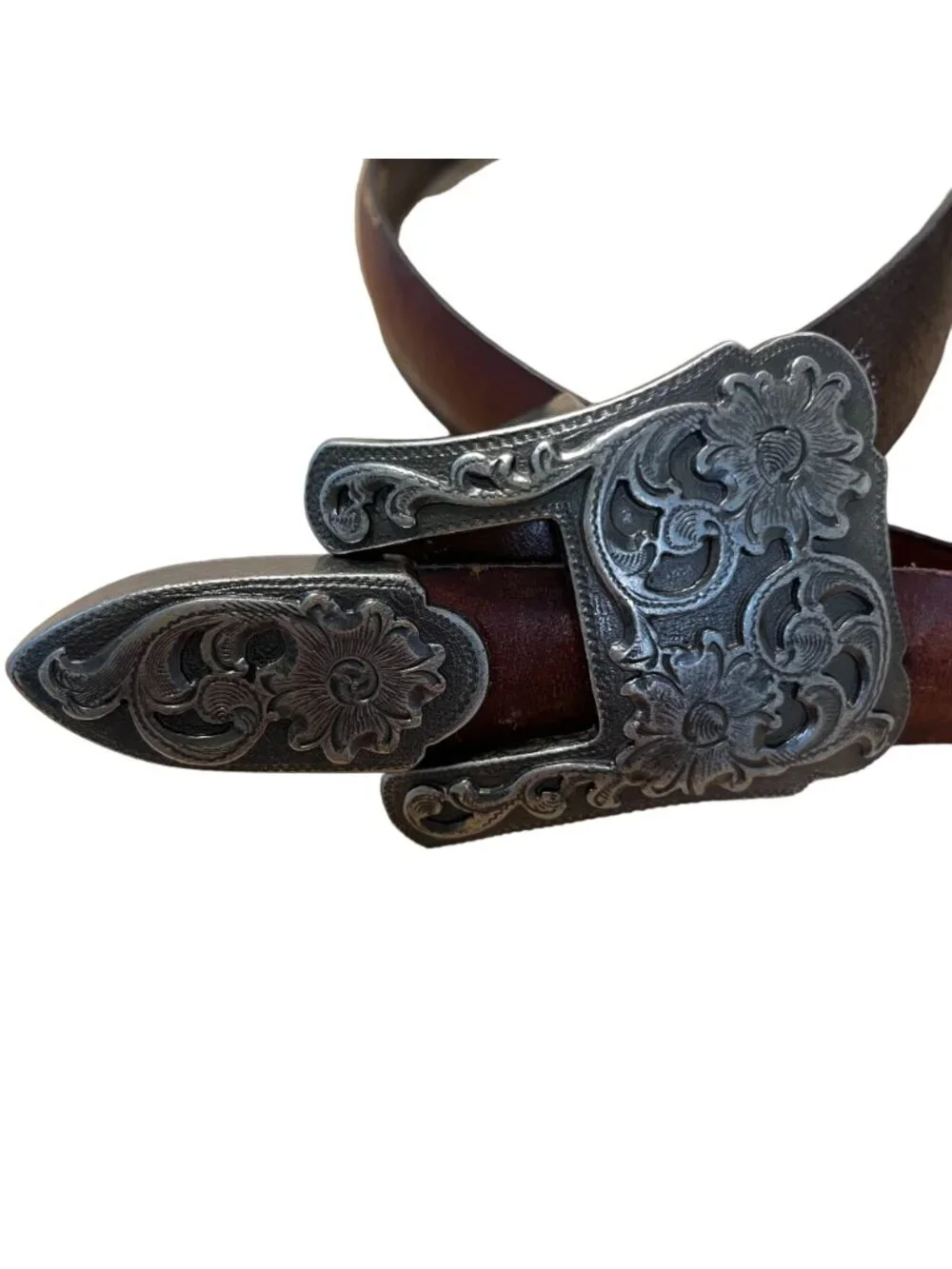 Italian Leather Western Belt Women L Engraved Buckle  Brown Distressed Floral